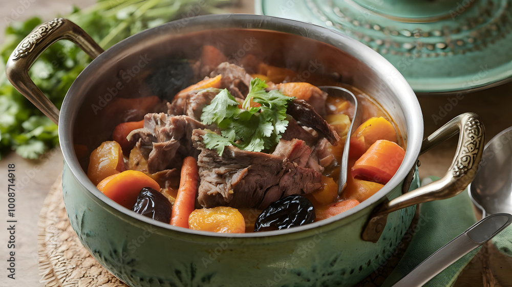 A steaming pot of Moroccan lamb stew, filled with carrots, prunes, and apricots, garnished with fresh cilantro.
A steaming pot of Moroccan lamb stew, filled with carrots, prunes, and apricots, garnished with fresh cilantro.