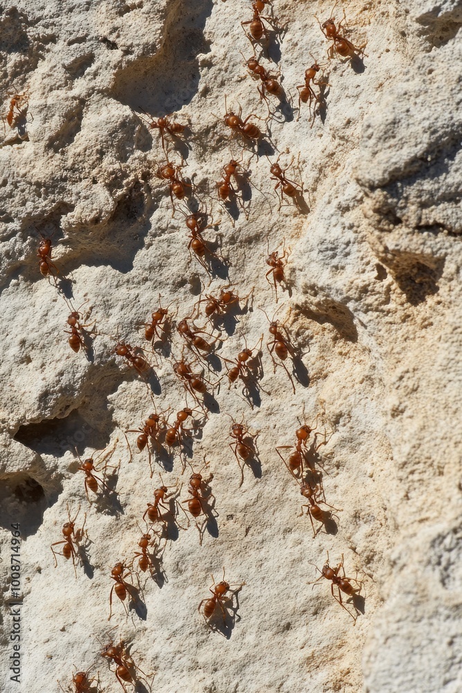A close-up view of numerous ants crawling on a rocky surface. A close-up view of numerous ants crawling on a rocky surface.
