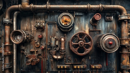 Vintage industrial control panel with rusty pipes, gauges, and valves, showcasing intricate steampunk-inspired machinery in a gritty, atmospheric setting.