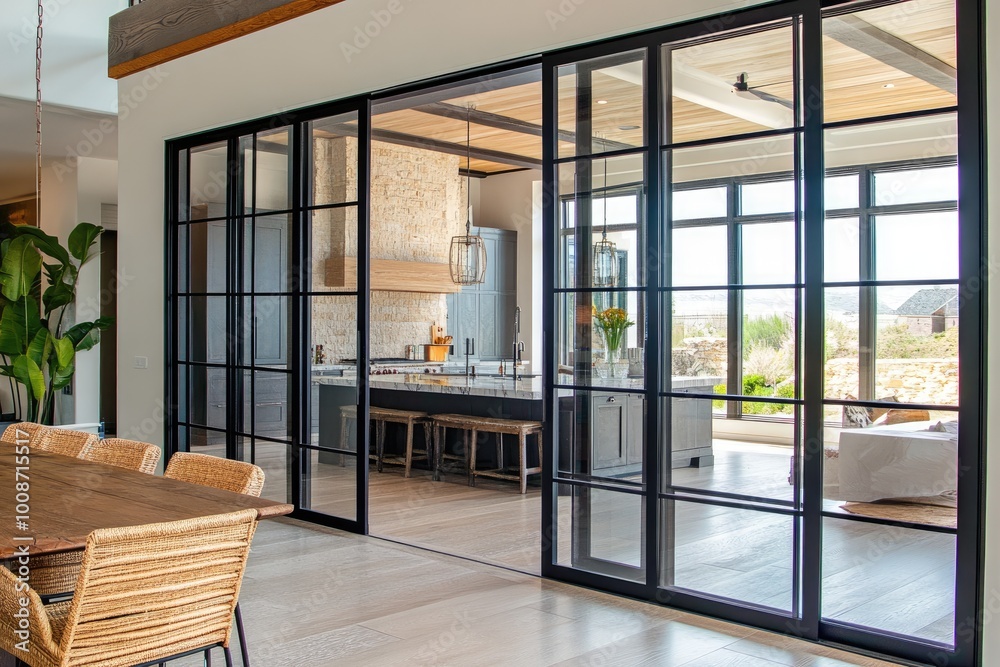 Fototapeta premium Modern home with glass doors. Glass doors separating kitchen and dining room.