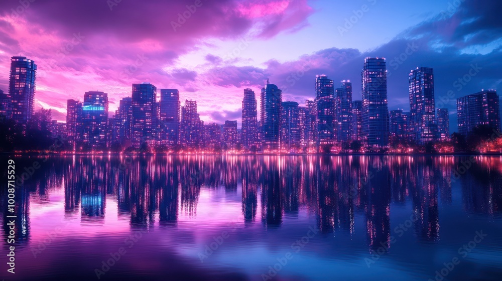 Fototapeta premium A vibrant city skyline at sunset, reflected in a calm lake, with