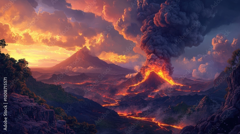 Fototapeta premium Majestic Eruption of a Volcano at Sunset