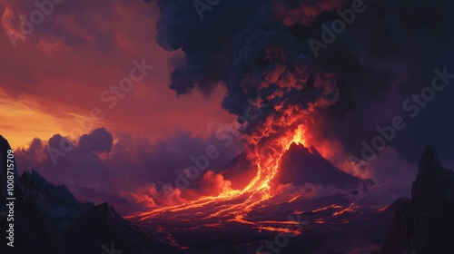 Erupting Volcano at Sunset with Dramatic Sky