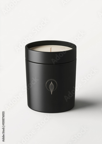 A black candle with a white wick and a leaf symbol on the side