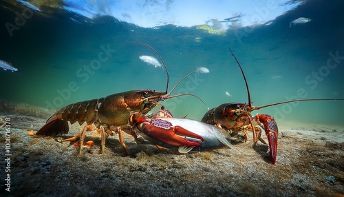 Ecrevisses de Louisiane en train de manger un poisson, vue aquatique photo