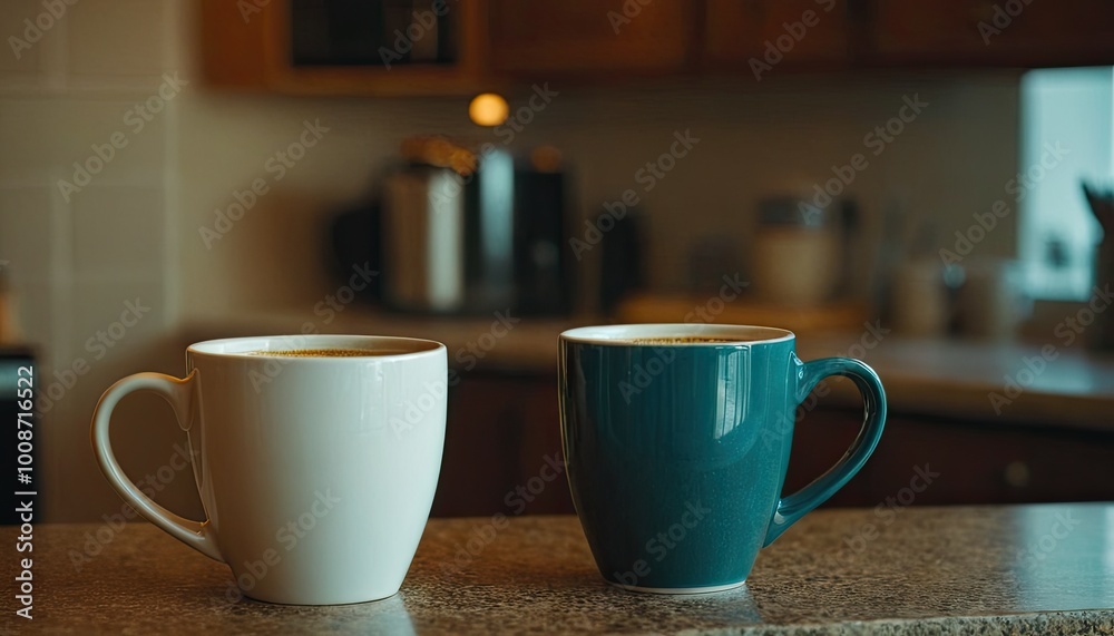 Fototapeta premium coffee mug sits on a table in front of a dark background. 1