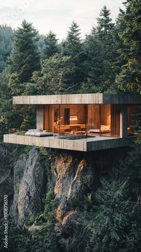 Modern cliffside cabin surrounded by lush trees, offering stunning views and serene living space in nature.