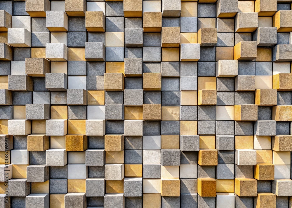 Textured wall composed of geometric blocks in various shades of gray and beige for architectural design
