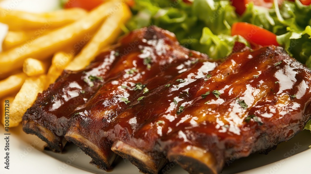 Delicious Barbecue Ribs with Fries and Salad Delicious Barbecue Ribs with Fries and Salad