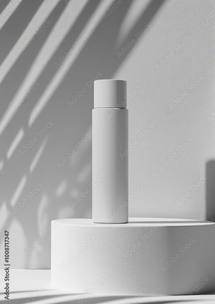 A bottle of white liquid is sitting on a white pedestal A bottle of white liquid is sitting on a white pedestal