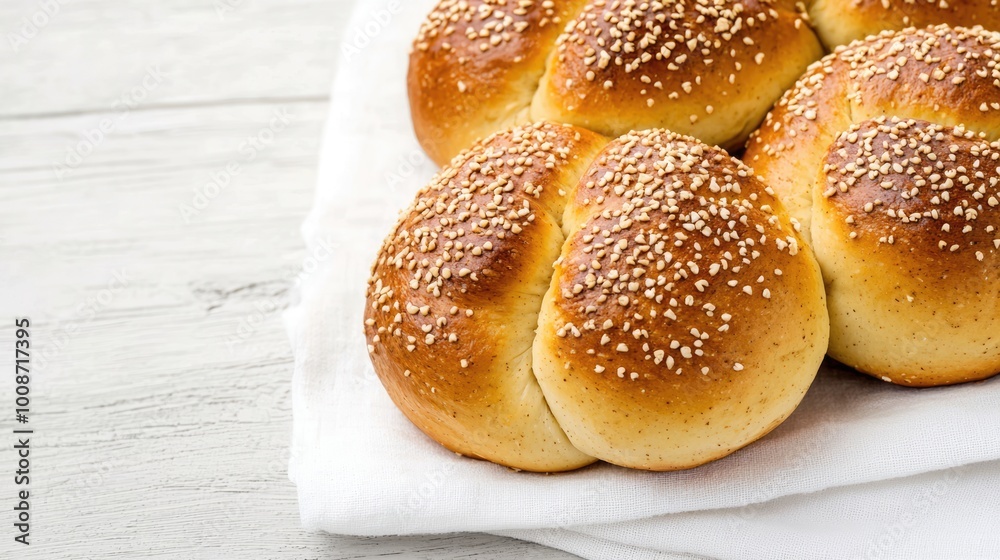 Freshly baked, golden-brown bread rolls with a sesame seed topping, resting on a white napkin, showcasing their soft texture and inviting appearance. Freshly baked, golden-brown bread rolls with a sesame seed topping, resting on a white napkin, showcasing their soft texture and inviting appearance.