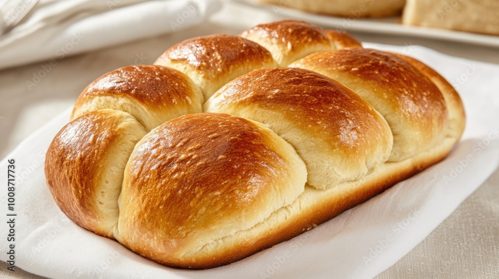 A freshly baked loaf of soft, golden-brown bread, featuring a smooth crust and fluffy interior, perfect for sandwiches or as a side dish. A freshly baked loaf of soft, golden-brown bread, featuring a smooth crust and fluffy interior, perfect for sandwiches or as a side dish.