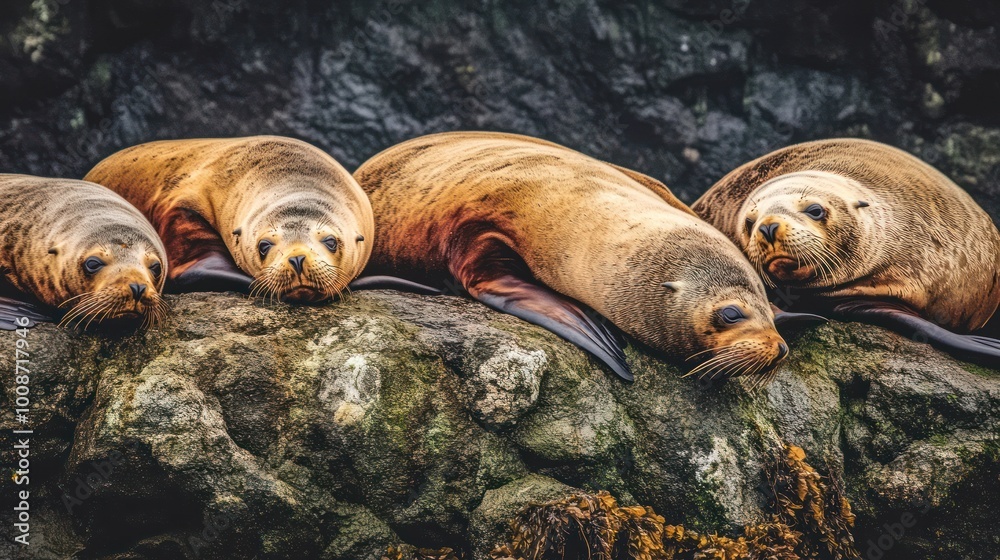 Fototapeta premium Four sea lions resting on a rocky shore, showcasing their natural habitat.