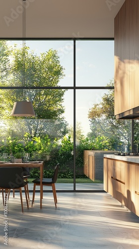 Modern kitchen design with large windows showcasing lush greenery, blending indoor and outdoor elements for a bright atmosphere.