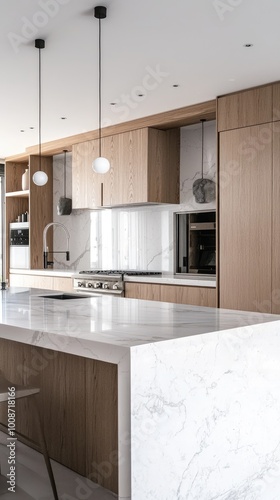 Modern kitchen design featuring marble countertops and wooden cabinetry, illuminated with stylish pendant lights.