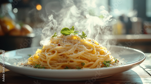 A beautifully plated pasta dish with soft steam rising, captured in a cinematic, close-up view. The rich colors and details of the food pop against the misty background.