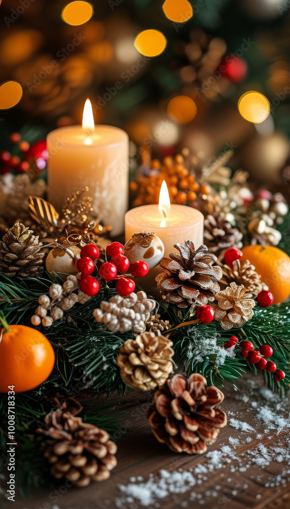 Rustic Christmas Candles with Pinecones and Ornaments. Festive Table Setting with Candles and Holiday Décor