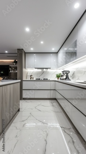 Modern kitchen interior featuring sleek cabinets, marble flooring, and bright lighting, creating a stylish and functional cooking space.