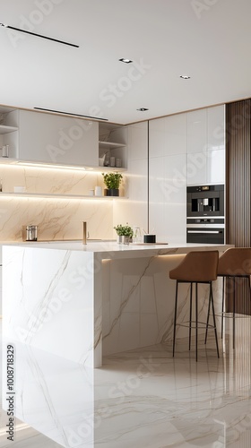 Modern kitchen interior featuring sleek design, marble surfaces, stylish bar stools, and warm ambient lighting for a cozy atmosphere.