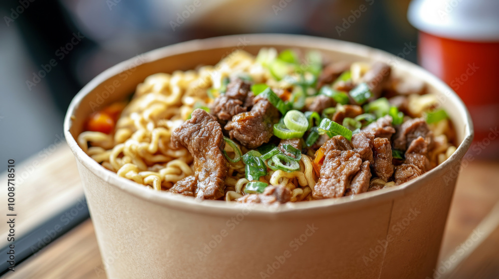 Beef noodles served in paper container Beef noodles served in paper container