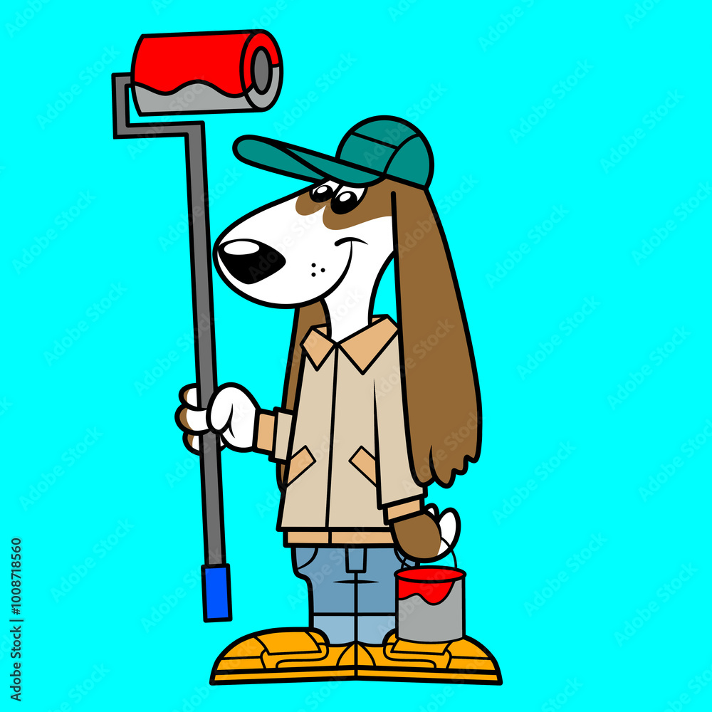 Cartoon Dog Painter Holding a Red Paint Roller Cartoon Dog Painter Holding a Red Paint Roller