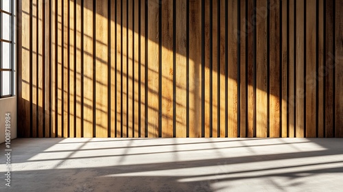  Wall with wood background. Panels with wood texture. Vertical slats in the interior design of an empty studio room. 3D architecture with window shadow overlay. 