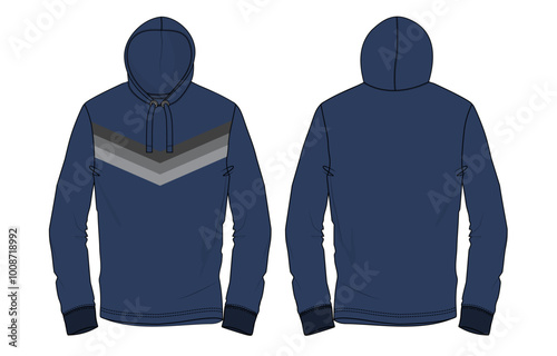 Long sleeve hoodie technical drawing fashion flat sketch vector illustration navy blue color template front and back views
