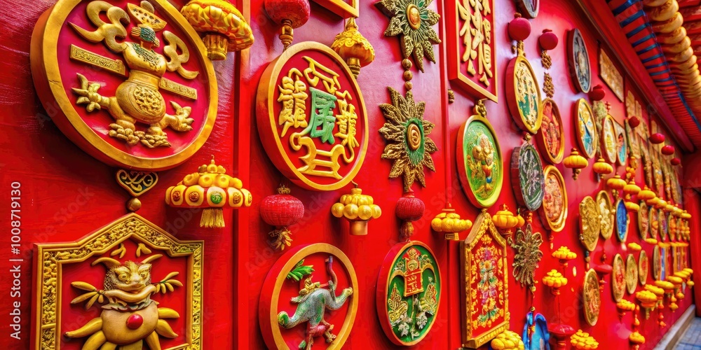 Fototapeta premium Traditional Chinese Symbols and Characters on Red Background for Cultural and Educational Use