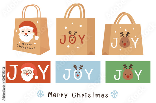 Christmas or New year paper bag with hand written fonts, reindeer, snowflakes and Cute price tag isolated on white background vector.