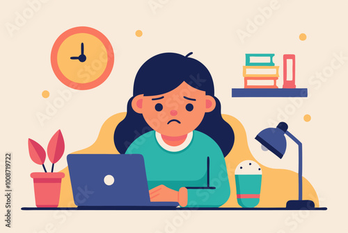 Overwhelmed girl at desk managing work deadlines and preventing burnout in a busy office environment