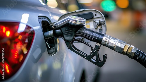 Close-up of a gas pump nozzle. This image depicts the process of filling a car with fuel.