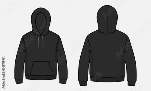 Hoodie. Technical fashion flat sketch Vector template. Cotton fleece fabric Apparel hooded with zipper sweatshirt illustration black color mock up Front, back views. Clothing outwear Men's top CAD.