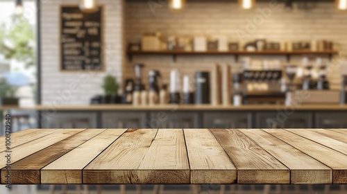 Rustic wooden table in foreground with blurred coffee shop interior background, showcasing warm ambiance and barista counter, perfect for product display. photo