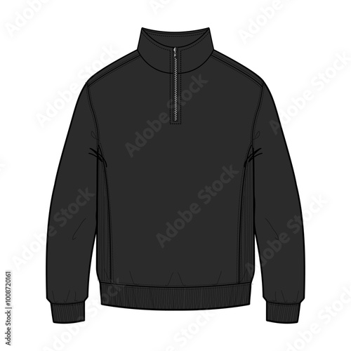 Long sleeve with Short zip fleece jacket overall technical fashion Flat sketch Vector illustration template Front views. Apparel Sweater Jacket Light Black color mock up CAD isolated on white.