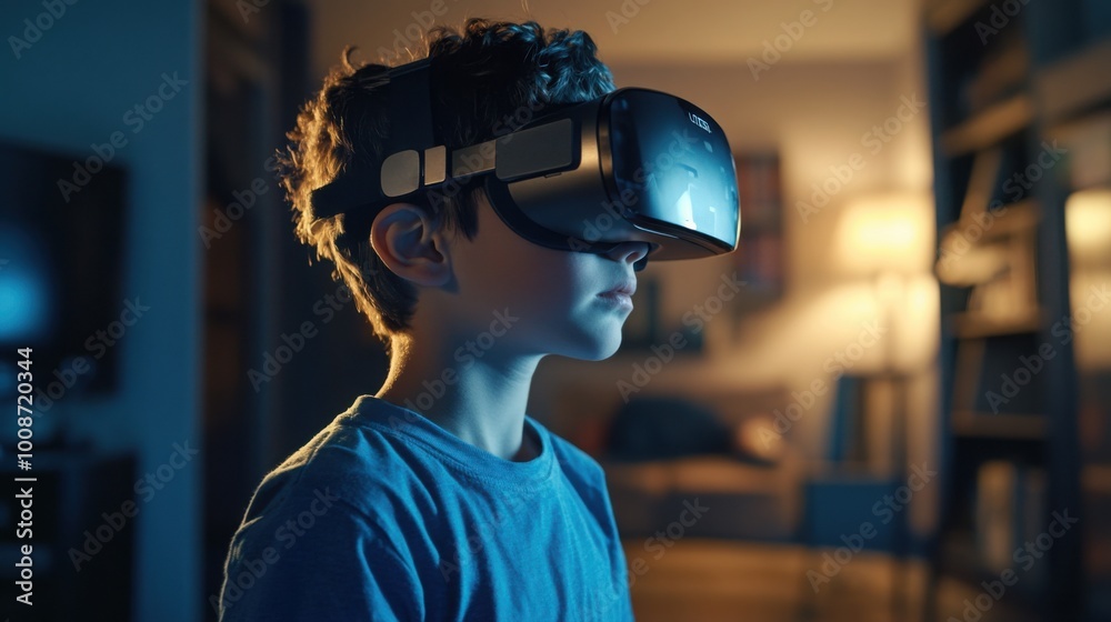 A young boy excitedly wears a virtual reality headset A young boy excitedly wears a virtual reality headset