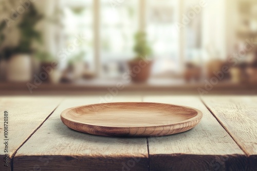 Empty wooden plate on wood table. Soft blurry background, of free space for your copy and branding. Use as products display montage. Vintage style concept. - generative ai