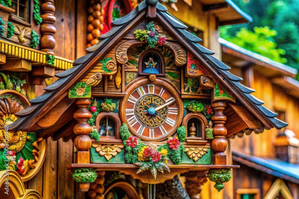 Obraz premium Traditional wooden cuckoo clock with intricate carvings and a charming rustic design on display
