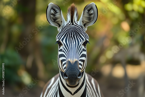 animal by ai // zebra portrait, front view, blurred green background, photorealistic photo