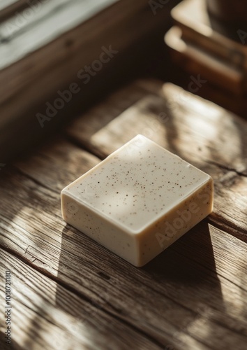 A white bar of soap sits on a wooden table