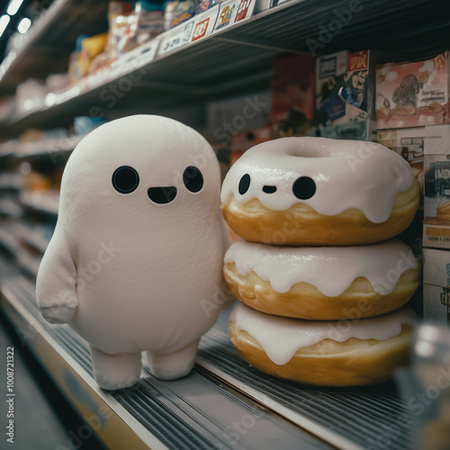 A cute ghost plushie with black eyes and mouth walks next to an oversized doughnut, both wearing matching sweatshirts on the store shelf.Minimal creative Halloween holiday  food concept. photo