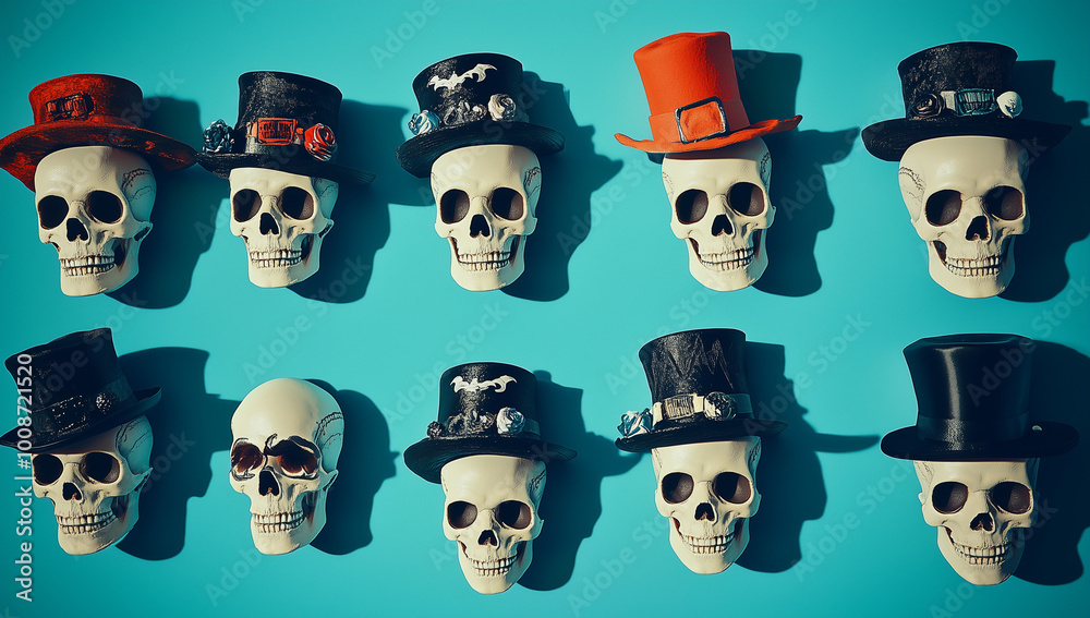 Obraz premium Numerous skulls, each adorned with a different hat, are arranged in rows on the left side of the frame against an isolated teal background, 