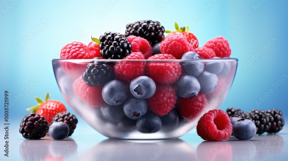 A plate with blueberries, raspberries, and blackberries on a blue background