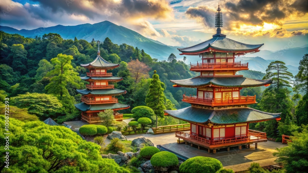 Tranquil Japanese Pagodas Surrounded by Lush Greenery and Serene Landscapes in Japan's Nature Tranquil Japanese Pagodas Surrounded by Lush Greenery and Serene Landscapes in Japan's Nature