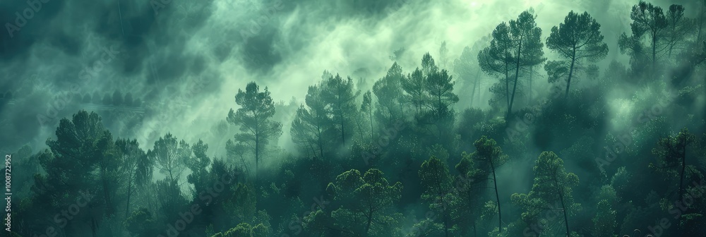 The dark pine trees stand tall, partially veiled by thick fog, creating a serene and mysterious atmosphere. The dark pine trees stand tall, partially veiled by thick fog, creating a serene and mysterious atmosphere.
