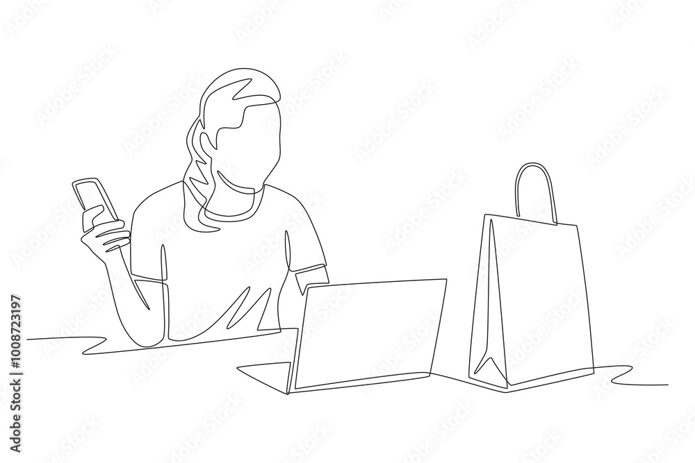 Woman shopping online via smartphone. Online shopping concept one-line drawing Woman shopping online via smartphone. Online shopping concept one-line drawing
