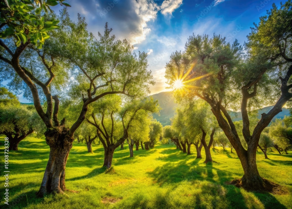 Fototapeta premium Tranquil Olive Garden with Lush Green Trees and Sunlight Filtering Through Leaves in Nature's Embrace