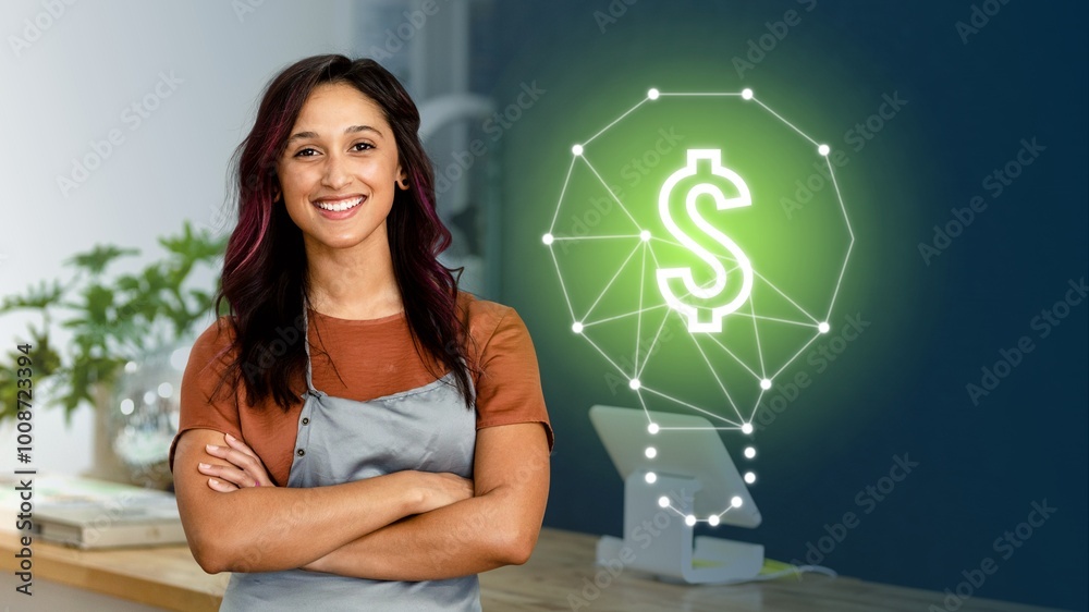 Smiling female small business owner at a cash register Smiling female small business owner at a cash register