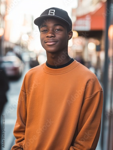  A young black teenager stands on the street of a vibrant city. Wearing a sweatshirt and a baseball cap and a smile, he displayed an air of curiosity and energy.