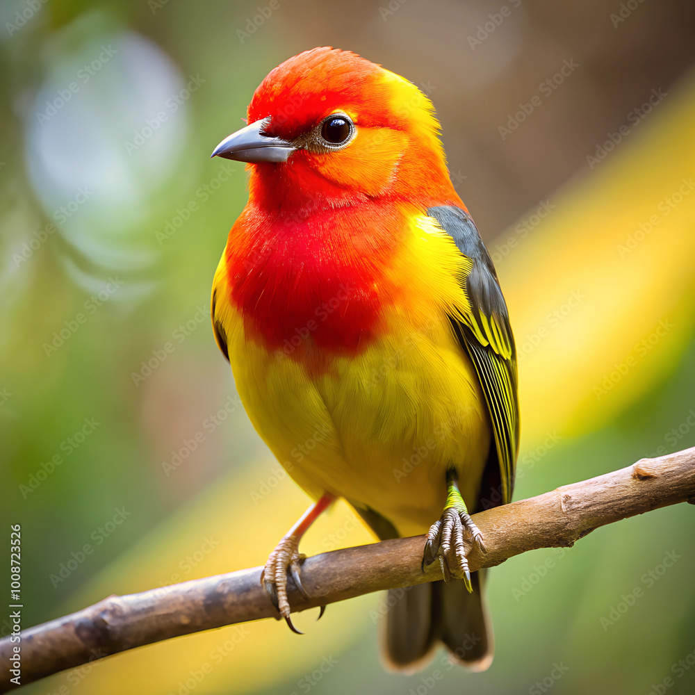 A bird with a red head and yellow feathers sits on a branch