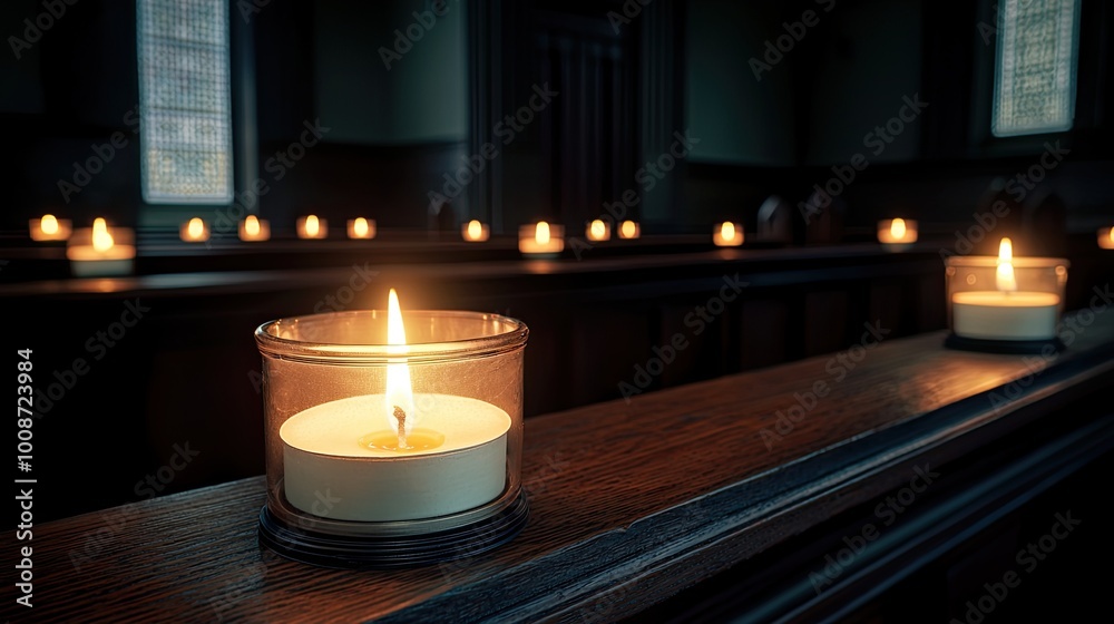 A serene scene featuring lit candles on a wooden surface, casting warm light in a dimly lit room with shadows and soft illumination. A serene scene featuring lit candles on a wooden surface, casting warm light in a dimly lit room with shadows and soft illumination.
